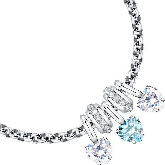 Morellato Drops Stainless Steel Pendant Bracelet with White & Blue Zircons and Heart Charm – 16 + 3 cm – SCZ1353