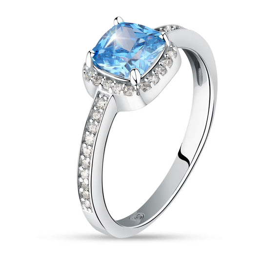 Morellato Duchessa Rhodium-Plated Sterling Silver Halo Ring with Aquamarine Blue Cubic Zirconia – Size 14 – SAIW114014