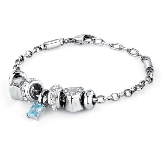 Morellato Drops Stainless Steel Bracelet with Light Blue Crystals, Heart & Star Charms – 16 + 3 cm – SCZ1317