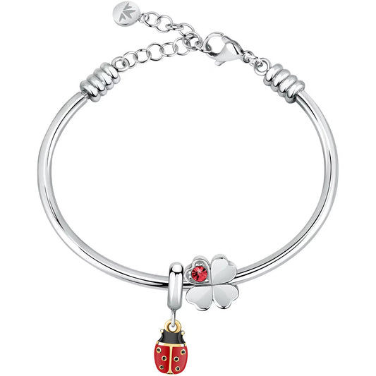 Morellato Drops Gold-Tone Stainless Steel Bangle Bracelet with Red Zircons, Ladybug & Four-Leaf Clover Charms – SCZ1280