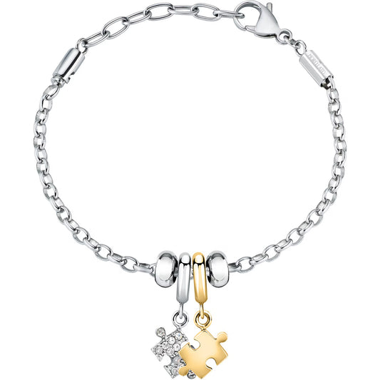 Morellato Drops Gold-Tone Stainless Steel Pendant Bracelet with White Crystals & Puzzle Charm – 16 + 3 cm – SCZ1349