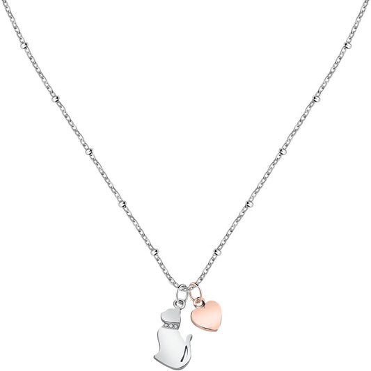 Morellato Mascotte Rose Gold-Plated Stainless Steel Necklace with Crystal-Cat and Heart – 38+4 cm – SAVL05