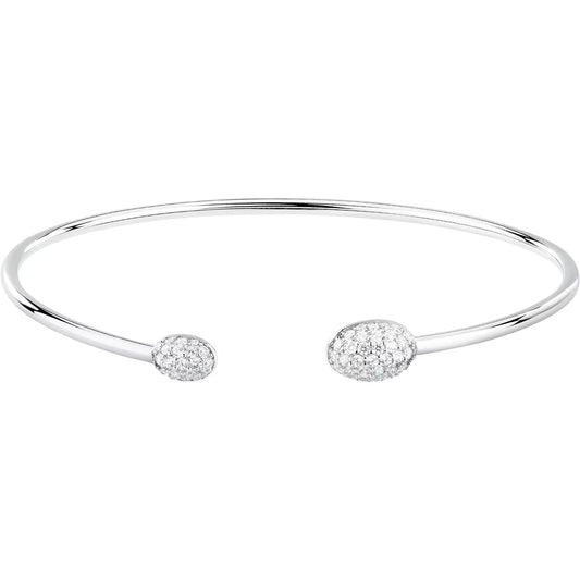 Silver bangle with two small, round, clear gemstones on a white background