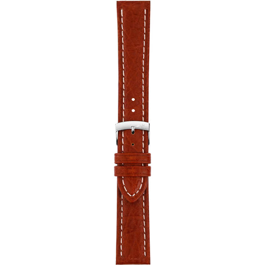 Brown leather watch strap with silver buckle on a white background