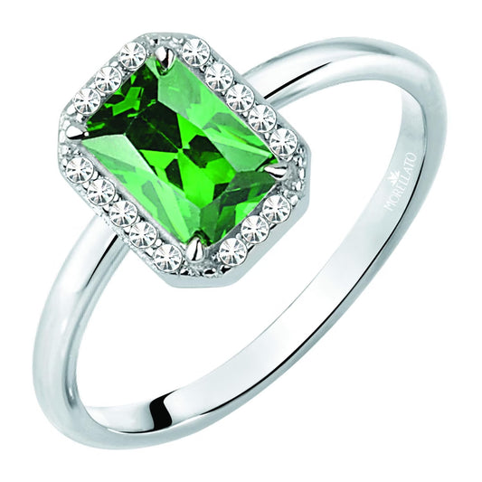 Morellato Duchessa Rhodium-Plated Sterling Silver Halo Ring with White and Green Cubic Zirconia – Size 18 – SAIW76018