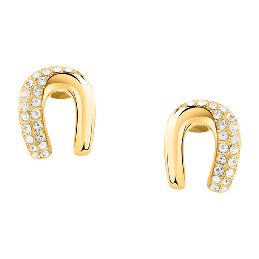 Gold earrings with clear gemstones on a white background