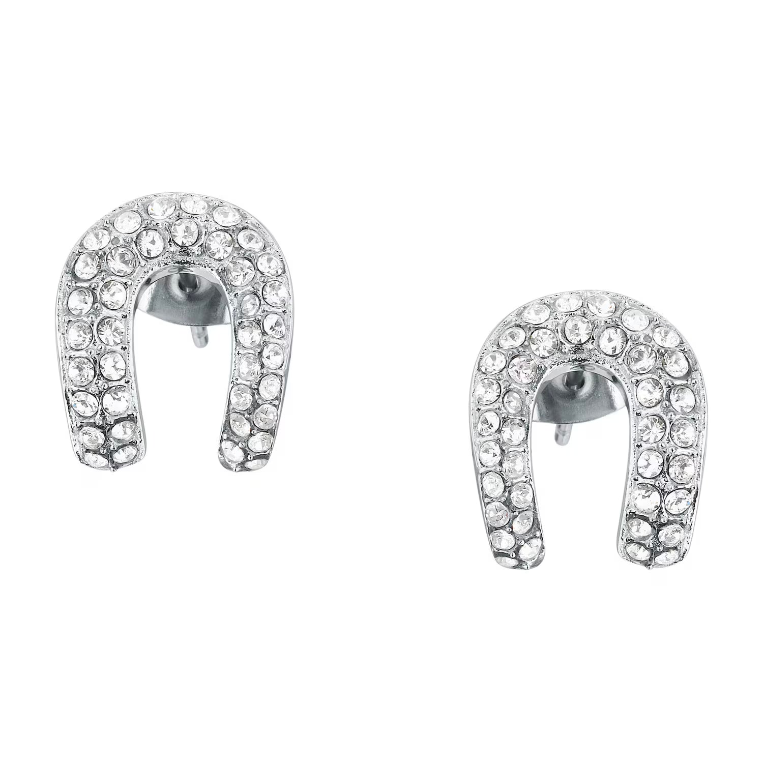 Horseshoe-shaped earrings with clear gemstones on a white background