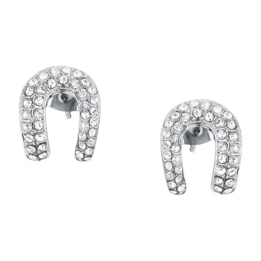 Horseshoe-shaped earrings with clear gemstones on a white background