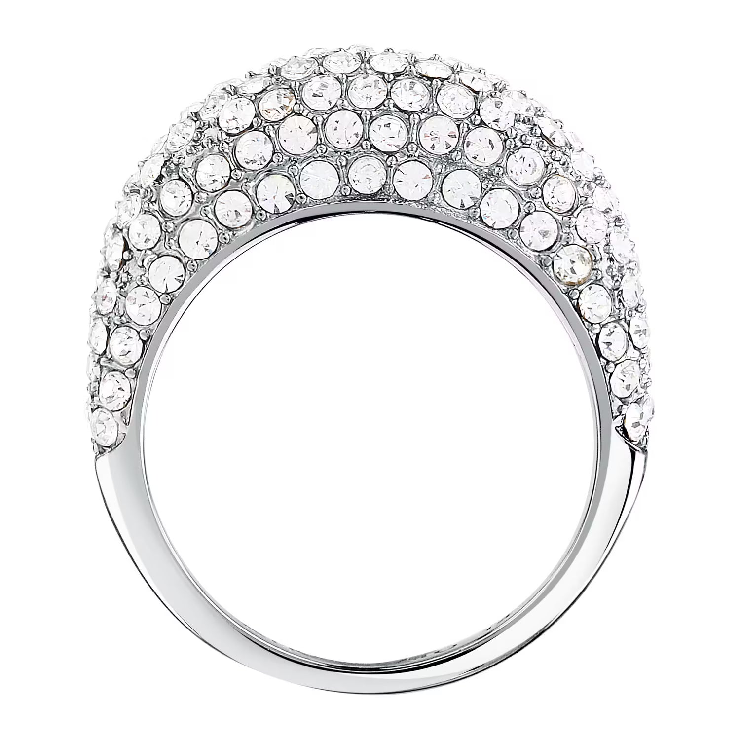 Silver ring with clear gemstones on a white background
