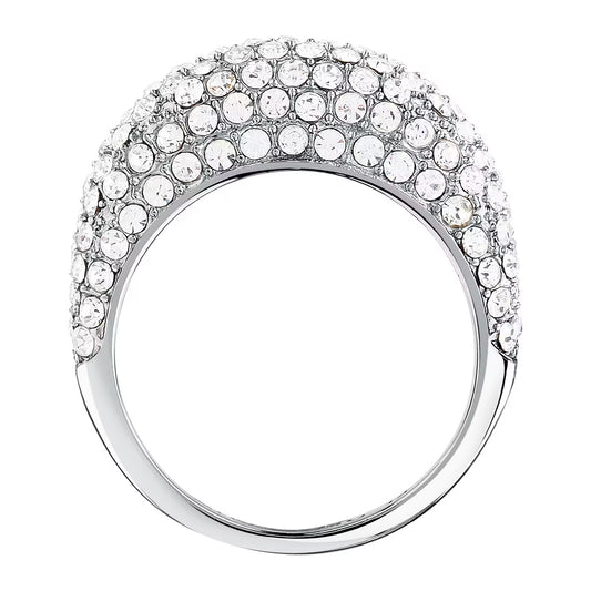 Silver ring with clear gemstones on a white background