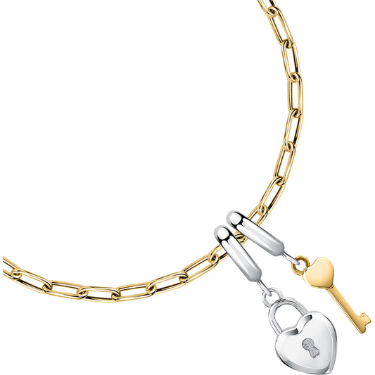 Morellato Drops Gold-Tone Stainless Steel Pendant Bracelet with Heart & Padlock Charms – 16 + 3 cm – SCZ1376