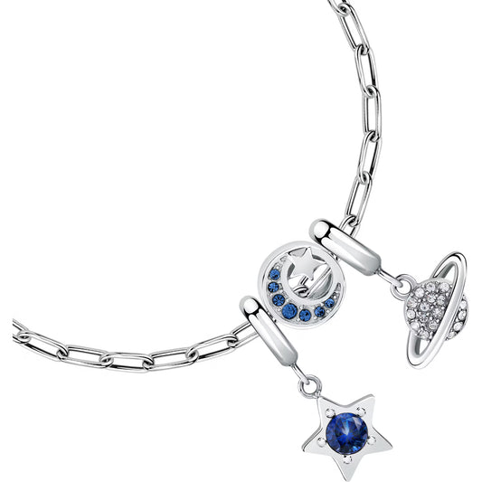 Morellato Drops Stainless Steel Pendant Bracelet with White & Blue Crystals, Moon, Star & Planet Charms – 16 + 3 cm – SCZ1380