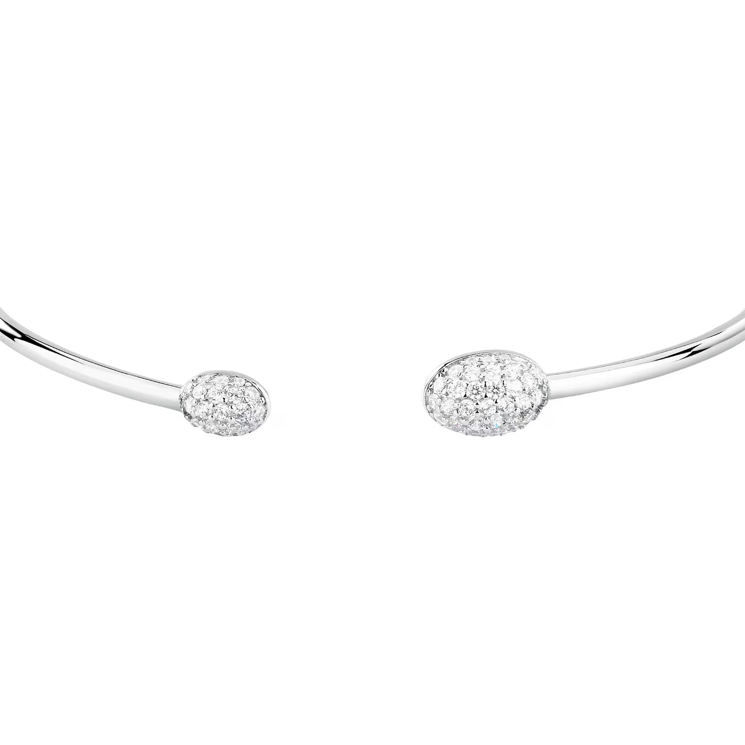 Silver choker necklace with two round pendants on a white background