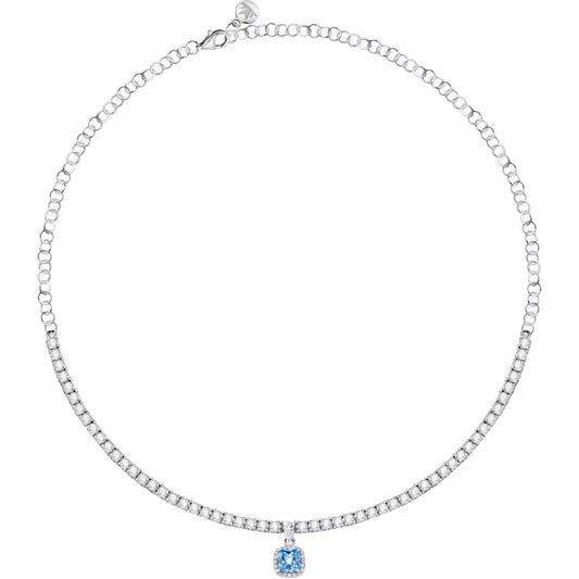 Morellato Duchessa Rhodium-Plated Sterling Silver Necklace with White & Aqua Blue Zircons – 38 + 4 cm – SAIW106