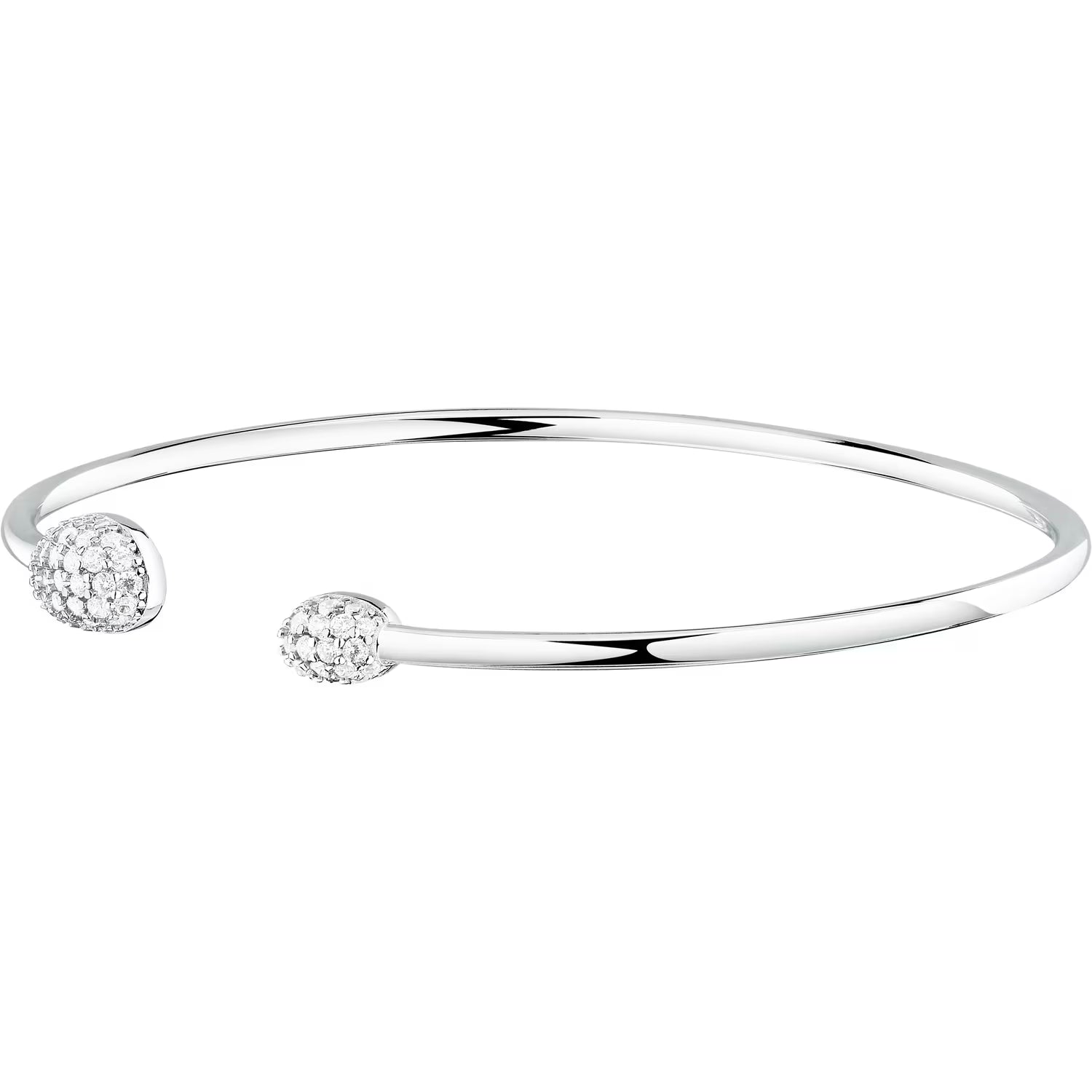 Silver bangle with two small round embellishments on a white background