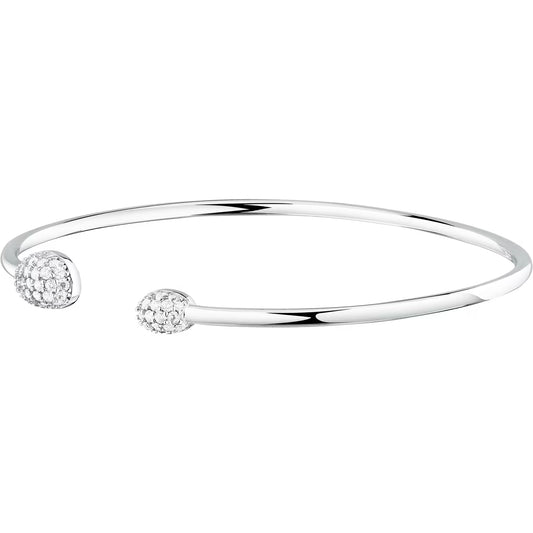 Silver bangle with two small round embellishments on a white background