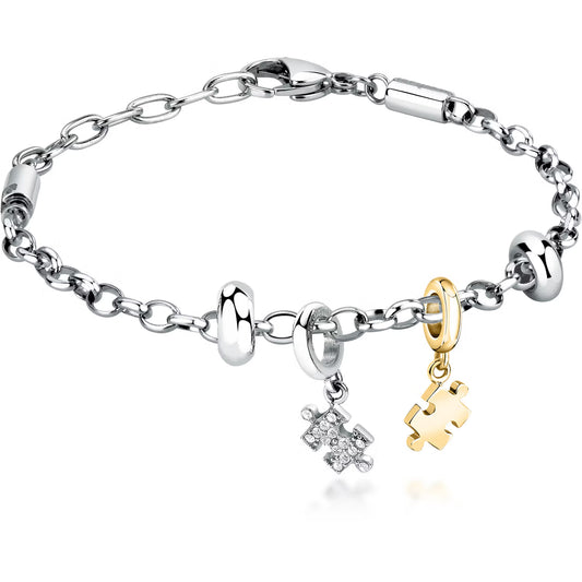 Morellato Drops Gold-Tone Stainless Steel Pendant Bracelet with White Crystals & Puzzle Charm – 16 + 3 cm – SCZ1349