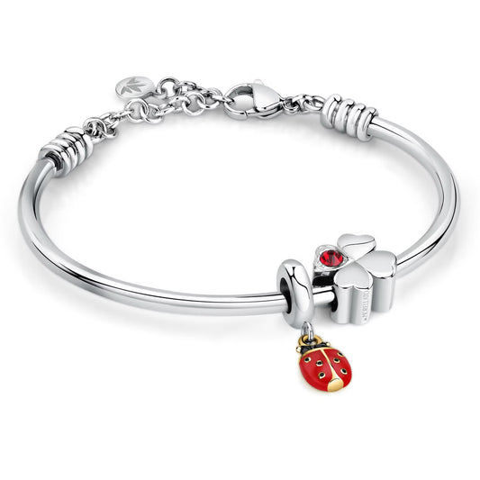 Morellato Drops Gold-Tone Stainless Steel Bangle Bracelet with Red Zircons, Ladybug & Four-Leaf Clover Charms – SCZ1280