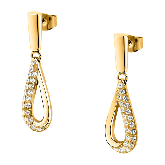Gold earrings with teardrop design and clear stones on a white background