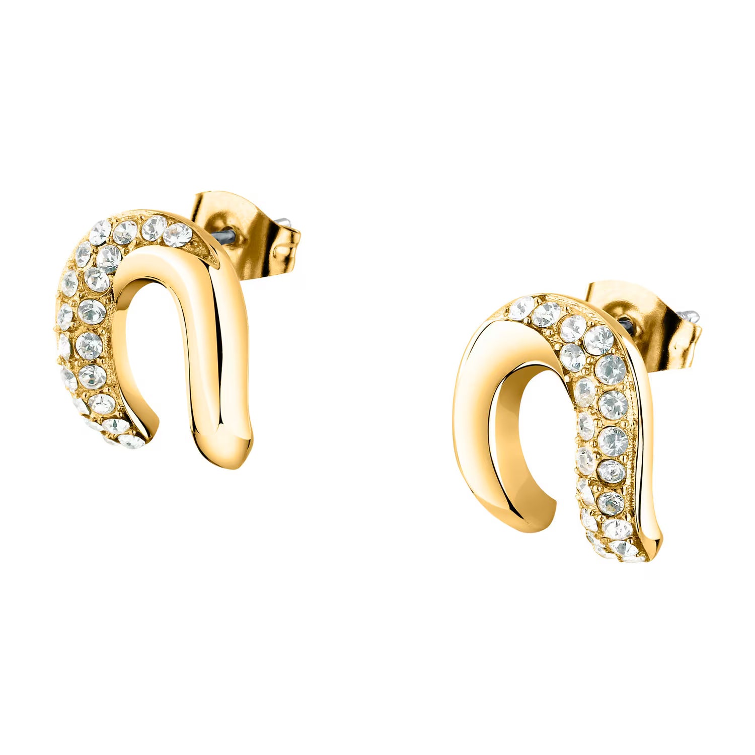 Gold hoop earrings with embedded crystals on a white background