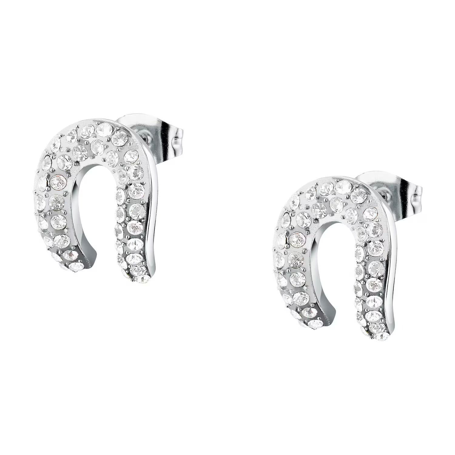 Pair of silver hoop earrings with clear gemstones on a white background
