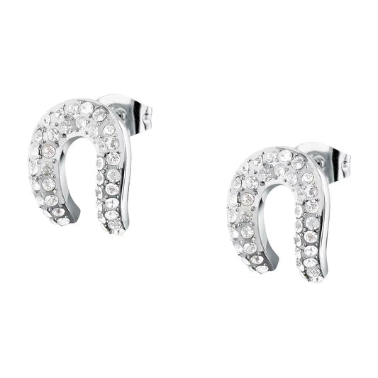 Pair of silver hoop earrings with clear gemstones on a white background