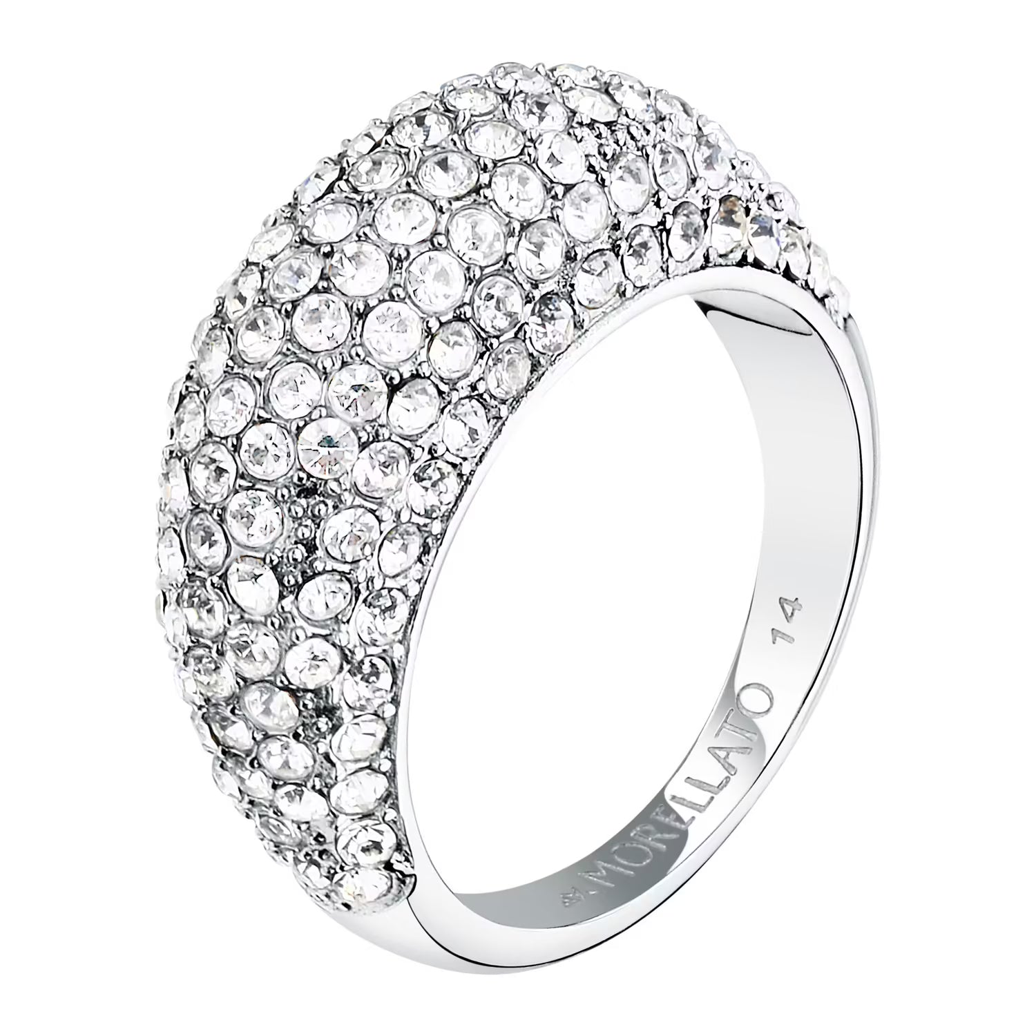 Silver ring with clear gemstones on a white background