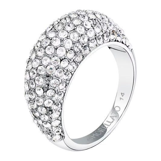 Silver ring with clear gemstones on a white background