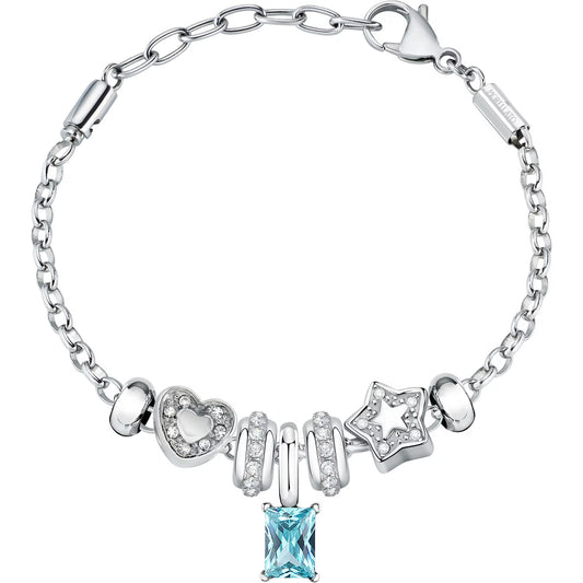 Morellato Drops Stainless Steel Bracelet with Light Blue Crystals, Heart & Star Charms – 16 + 3 cm – SCZ1317