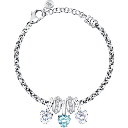 Morellato Drops Stainless Steel Pendant Bracelet with White & Blue Zircons and Heart Charm – 16 + 3 cm – SCZ1353