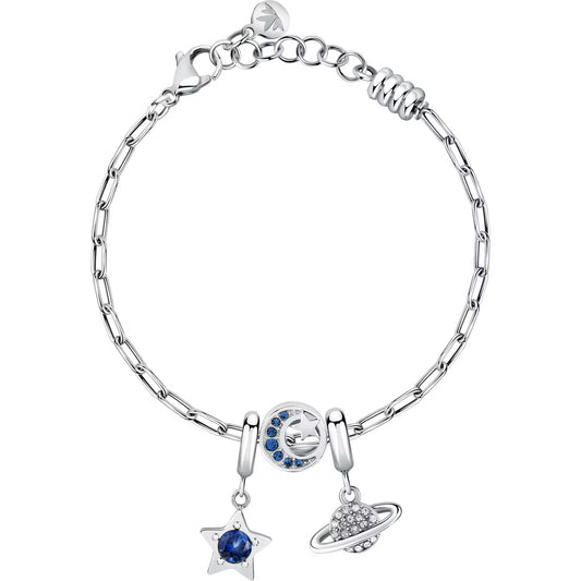 Morellato Drops Stainless Steel Pendant Bracelet with White & Blue Crystals, Moon, Star & Planet Charms – 16 + 3 cm – SCZ1380