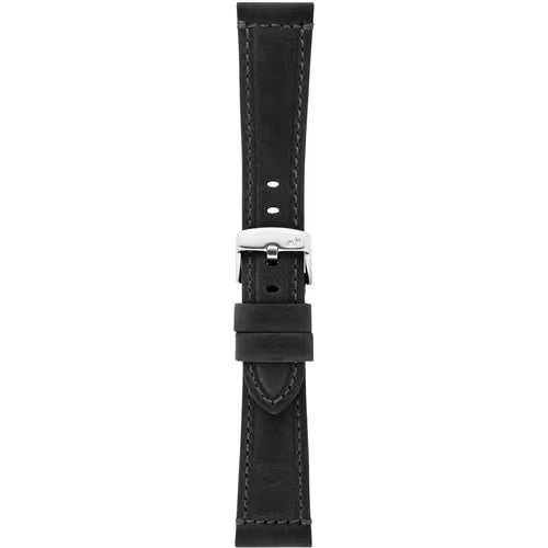 Black leather watch strap with silver buckle on a white background