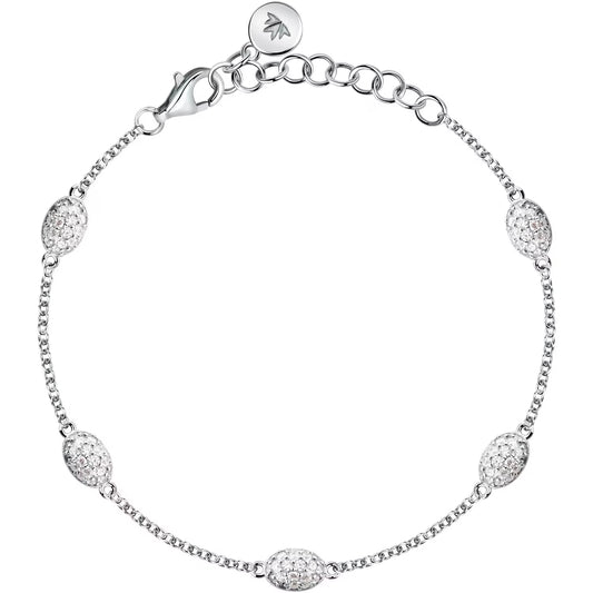 Silver bracelet with clear gemstones on a white background