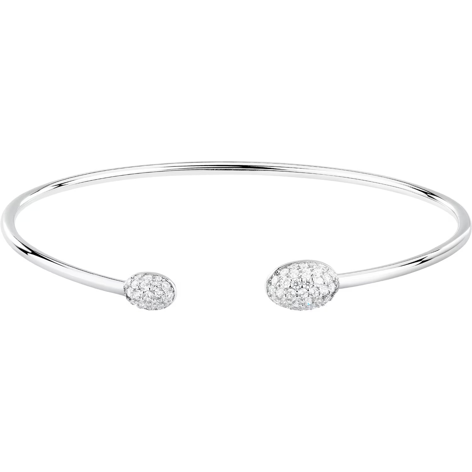 Silver bangle with two small, round, clear gemstones on a white background