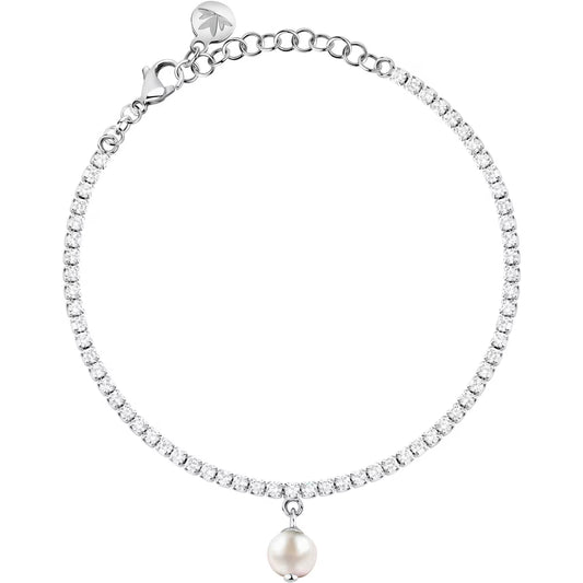 Morellato Perla Rhodium-Plated Sterling Silver Tennis Bracelet with Freshwater Pearls & White Cubic Zirconia – 16 + 3 cm – SXU58