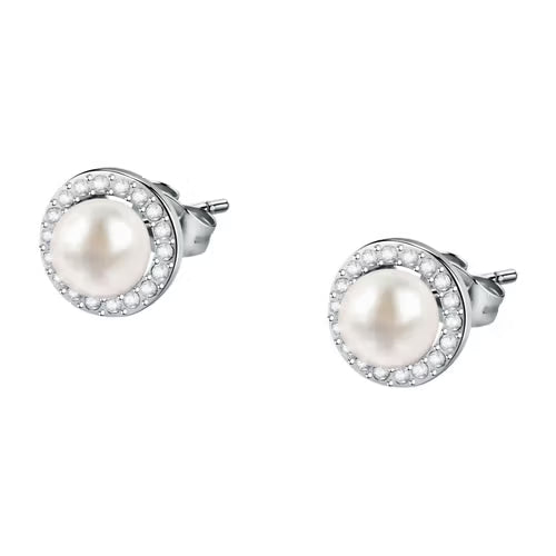 Morellato Perla Rhodium-Plated Sterling Silver Stud Earrings with Pearl & Cubic Zirconia – 6 mm – SAER51