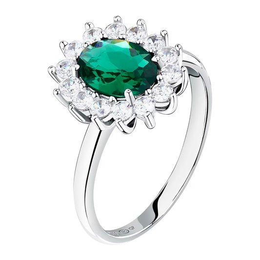 Morellato Duchessa Rhodium-Plated Sterling Silver Ring with Green and White Cubic Zirconia – Size 16 – SAIW284016