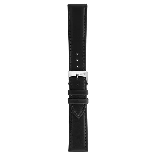 Black leather watch strap with silver buckle on a white background
