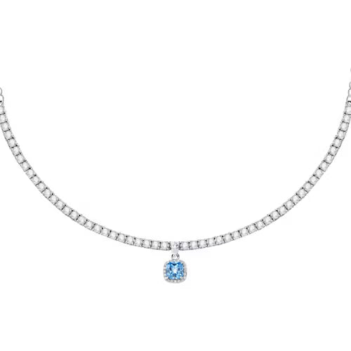 Morellato Duchessa Rhodium-Plated Sterling Silver Necklace with White & Aqua Blue Zircons – 38 + 4 cm – SAIW106